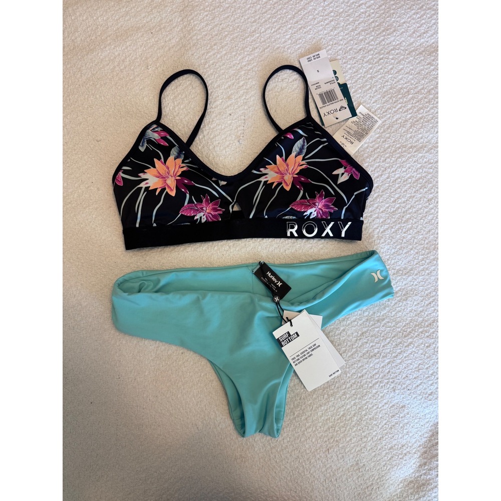 Roxy Floral Bralette Bikini Top & Hurley Turquoise Surf Bottoms Set Small